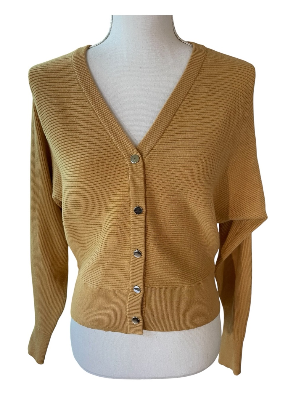 Tahari Soft Gold V- Neck Cardigan Sweater.  Size S